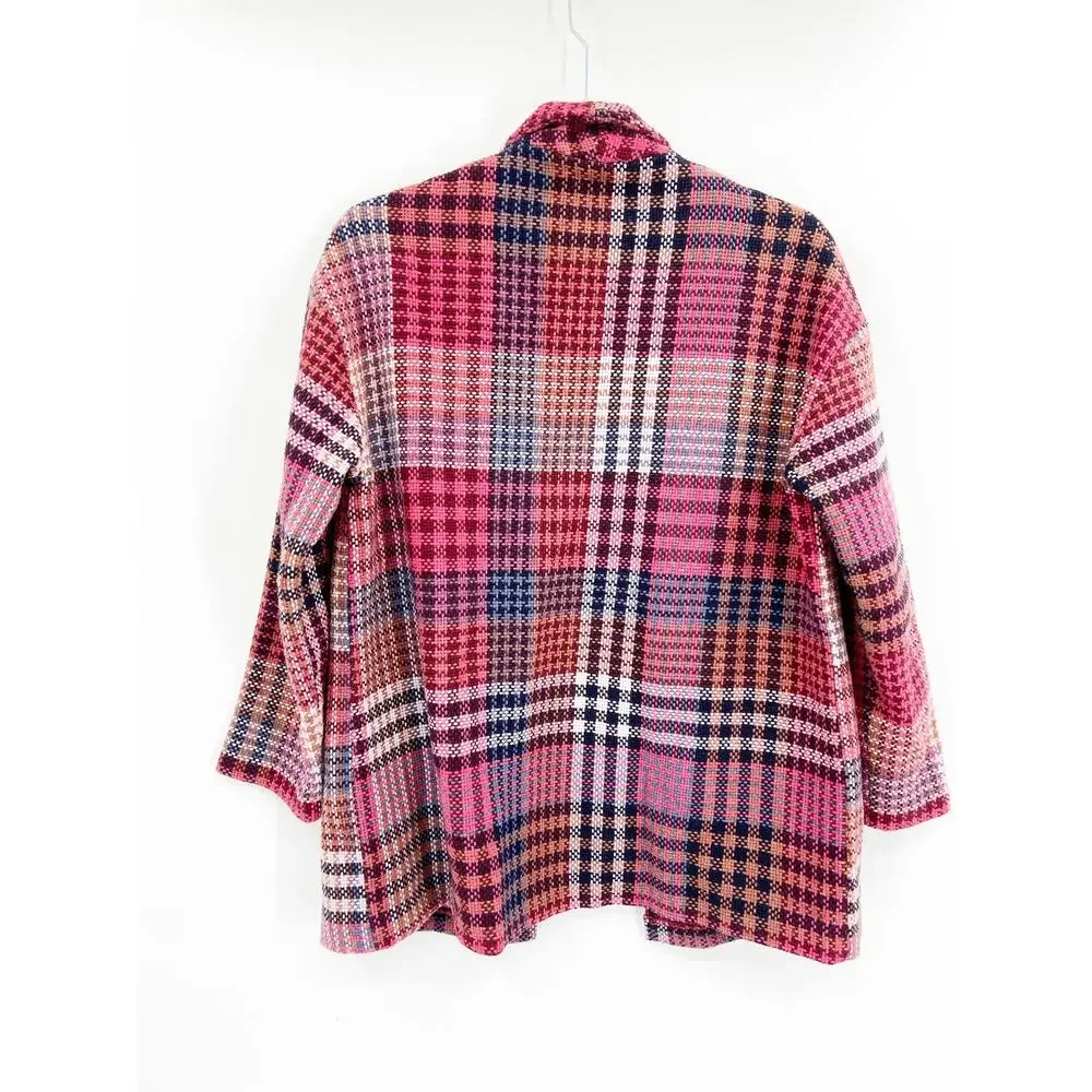 Rachel Zoe Pink Blue Plaid Woven Tweed Wool Blend‎ Jacket Size Small